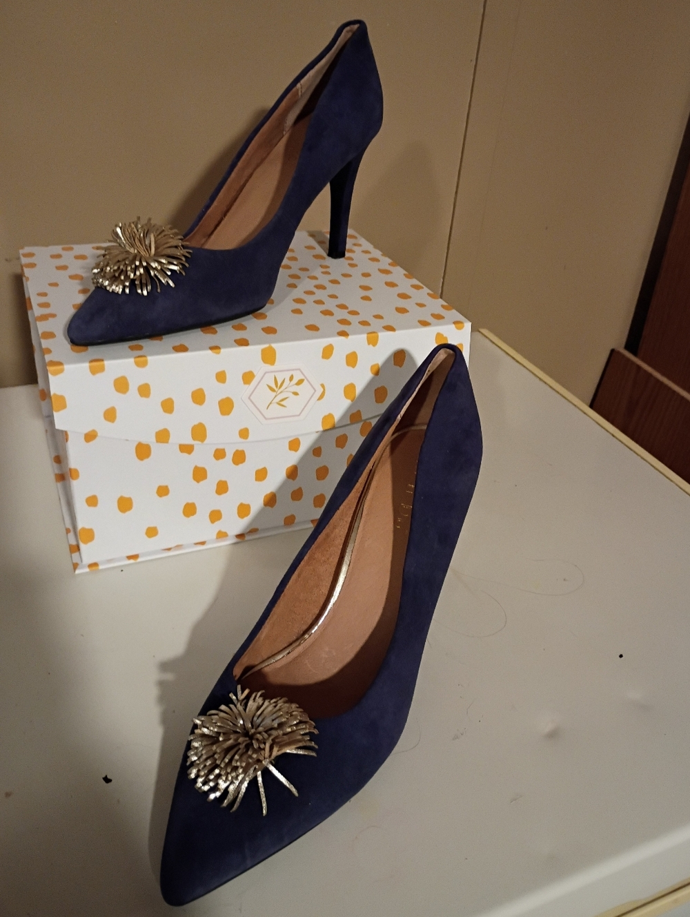 Size 10 Navy Suede Pointed Toe Pumps with Gold Accent